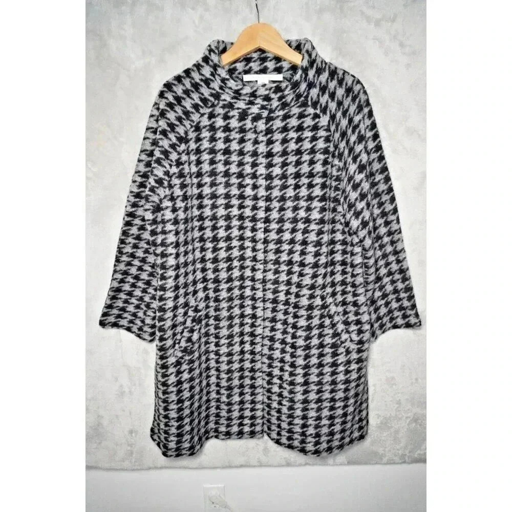 Max Studio Jacket Women Black Gray Knit Houndstooth Long Wool Blend Coat 1X